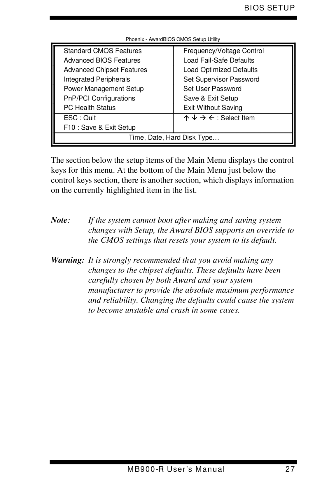 Intel MB900-R user manual Phoenix AwardBIOS Cmos Setup Utility 