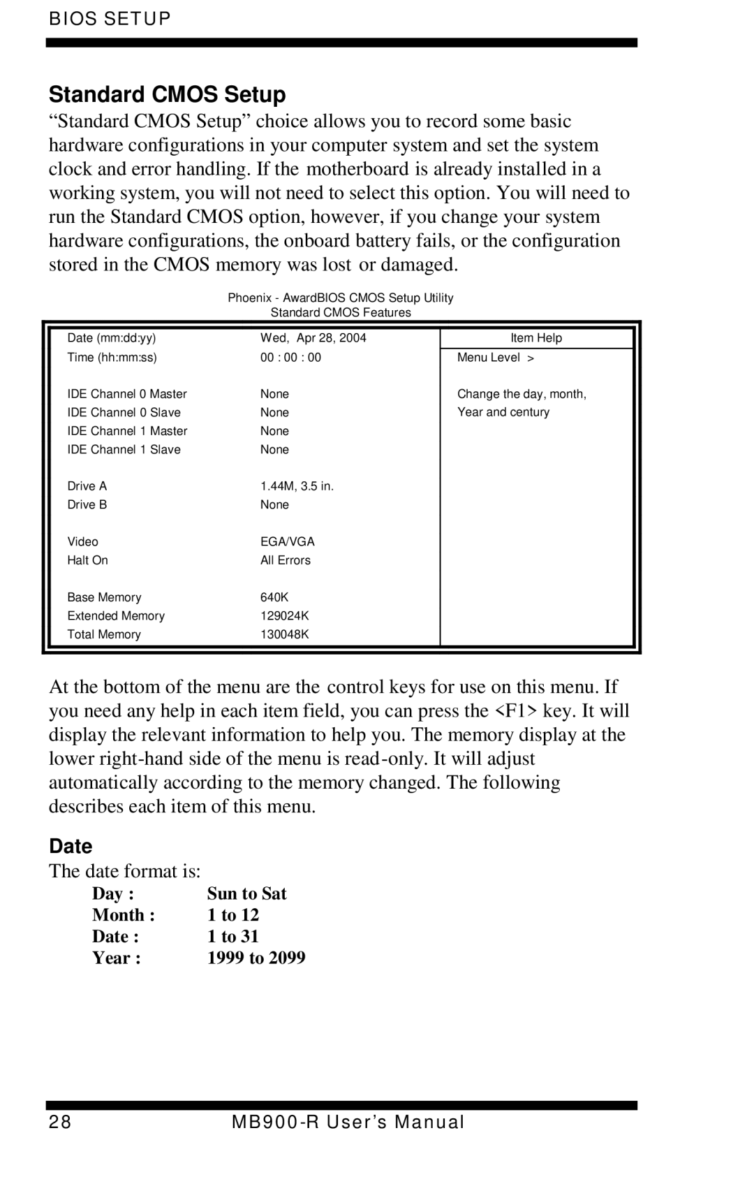 Intel MB900-R user manual Standard Cmos Setup, Date 