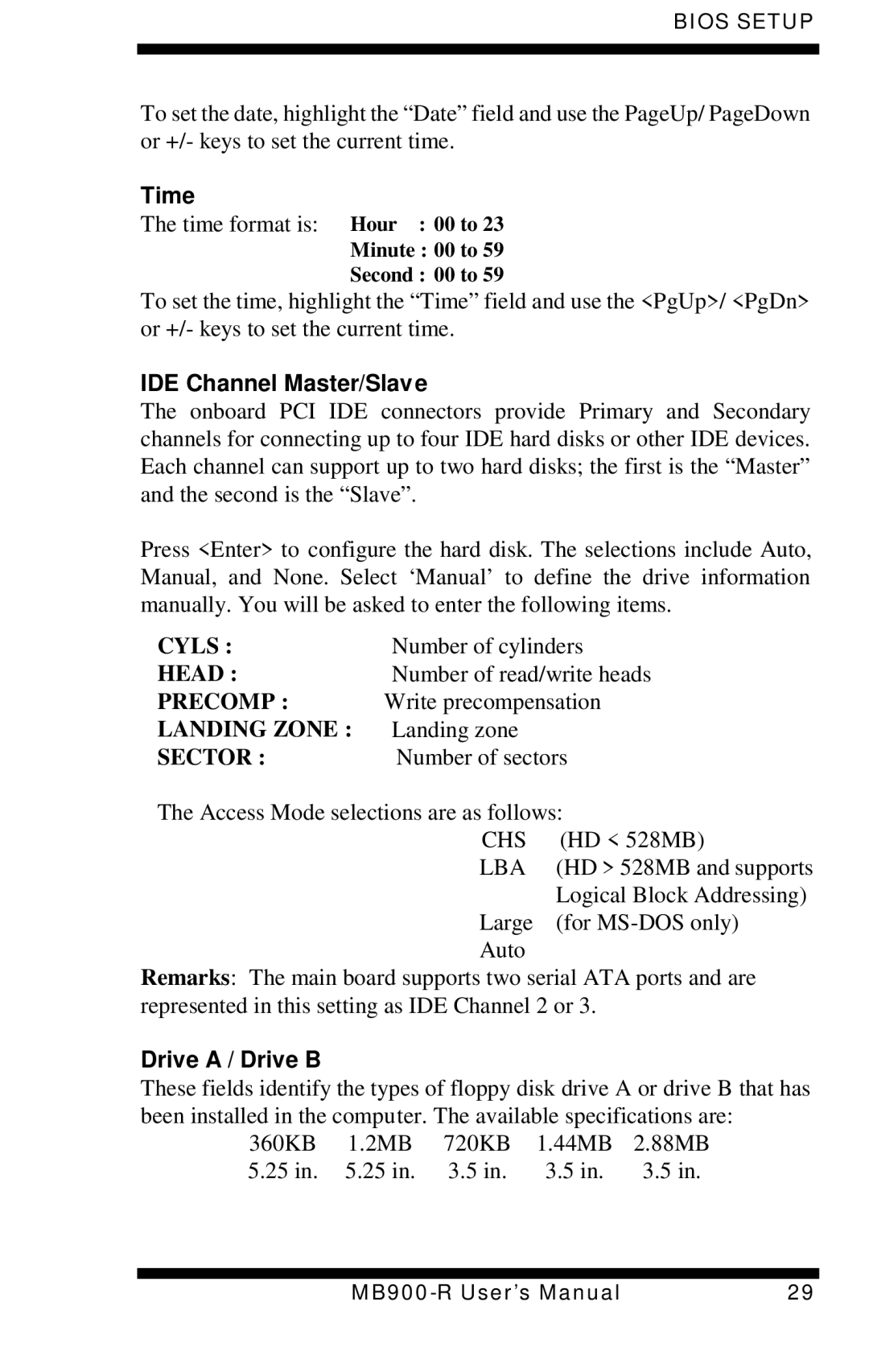 Intel MB900-R user manual Time, IDE Channel Master/Slave, Drive a / Drive B 