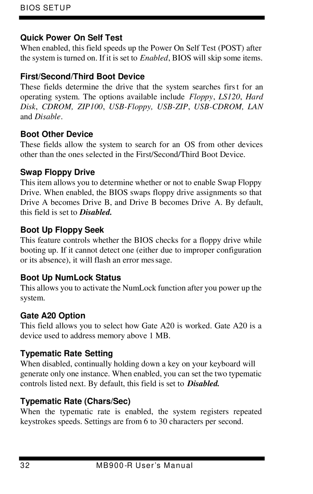 Intel MB900-R user manual Quick Power On Self Test, First/Second/Third Boot Device, Boot Other Device, Swap Floppy Drive 