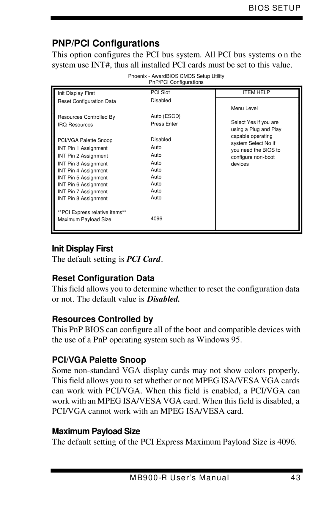 Intel MB900-R user manual PNP/PCI Configurations 