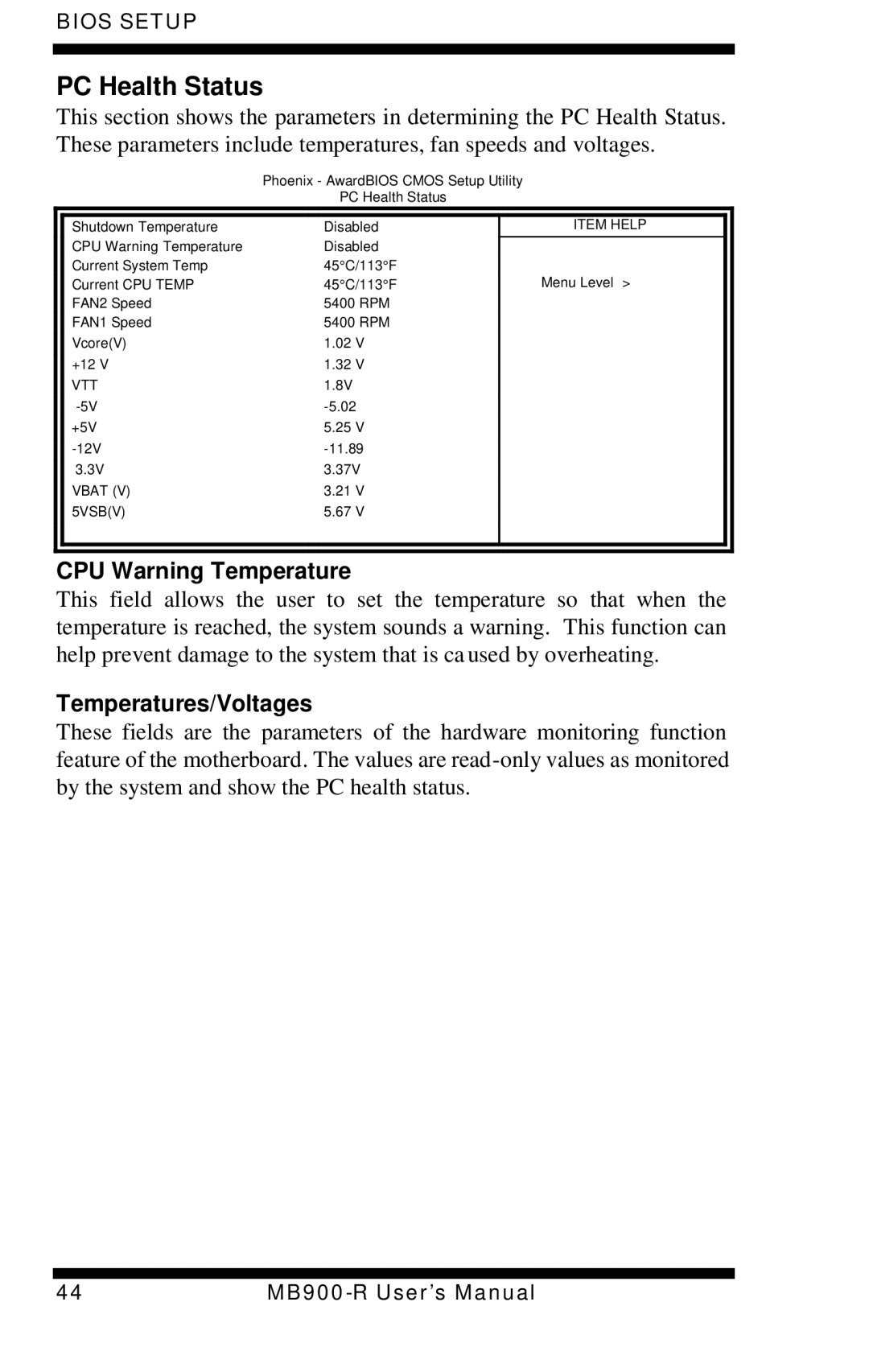 Intel MB900-R user manual PC Health Status, CPU Warning Temperature, Temperatures/Voltages 