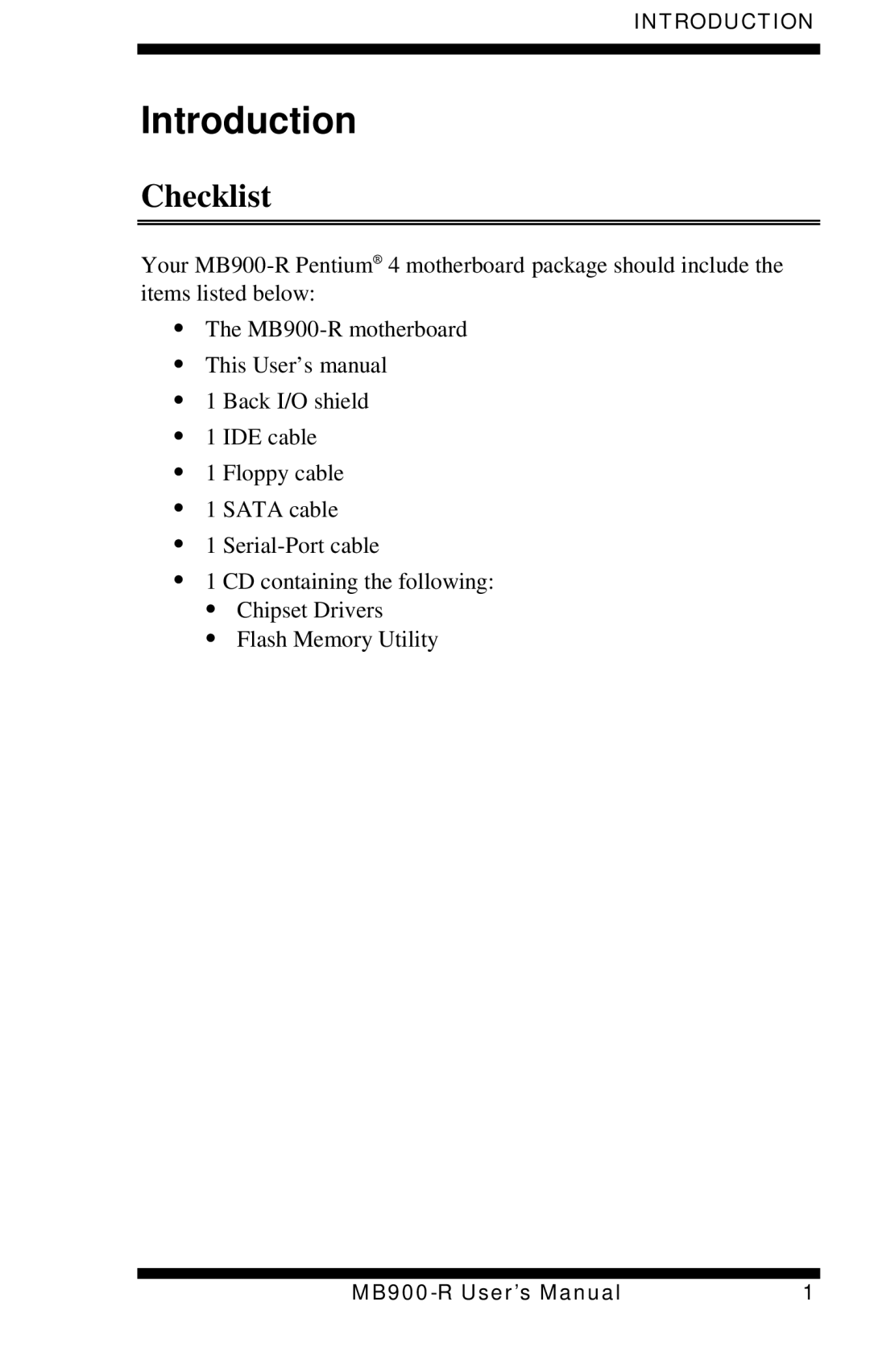 Intel MB900-R user manual Introduction, Checklist 