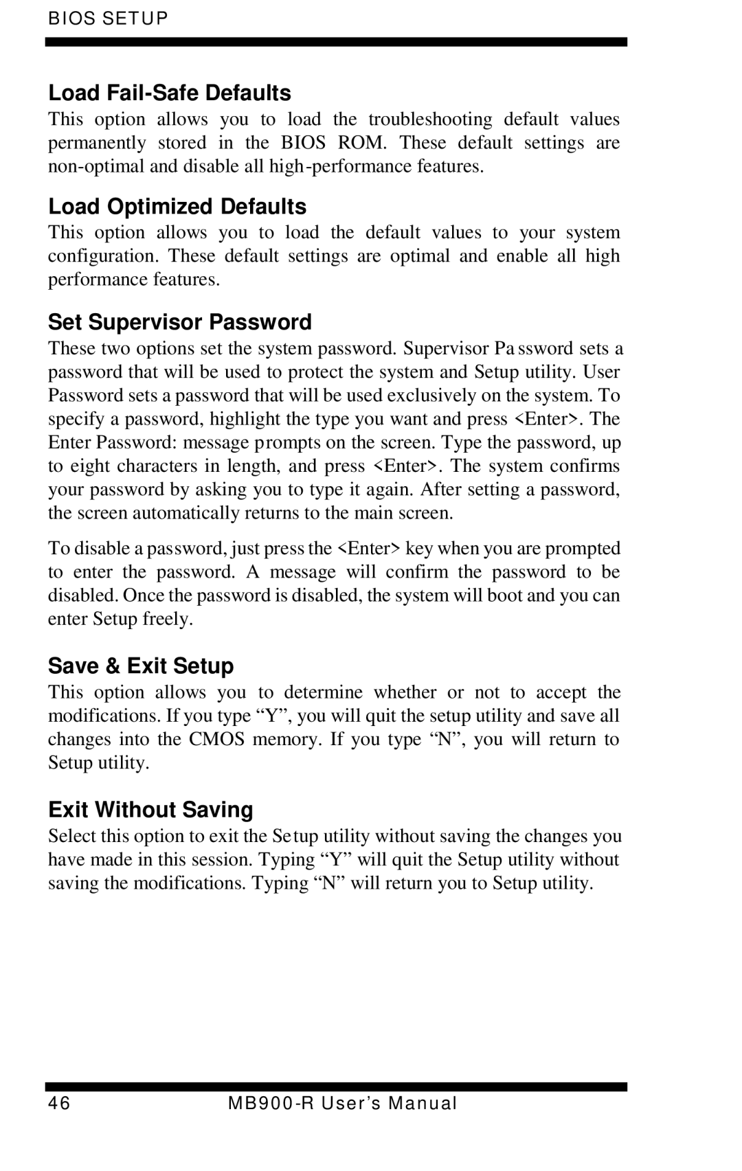 Intel MB900-R user manual Load Fail-Safe Defaults, Load Optimized Defaults, Set Supervisor Password, Save & Exit Setup 