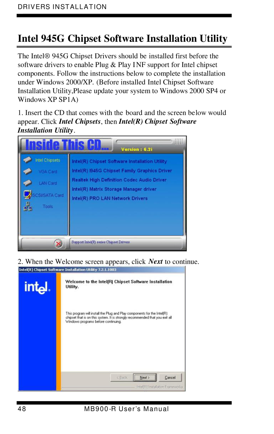 Intel MB900-R user manual Intel 945G Chipset Software Installation Utility 