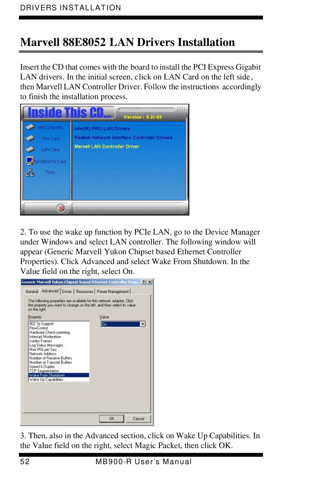 Intel MB900-R user manual Marvell 88E8052 LAN Drivers Installation 