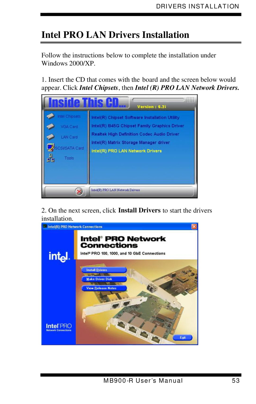 Intel MB900-R user manual Intel PRO LAN Drivers Installation 