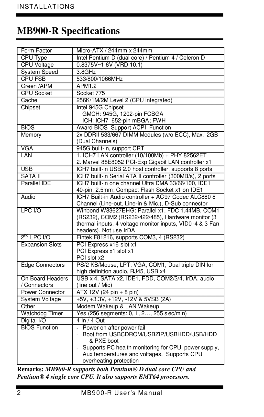 Intel user manual MB900-R Specifications, Cpu Fsb 