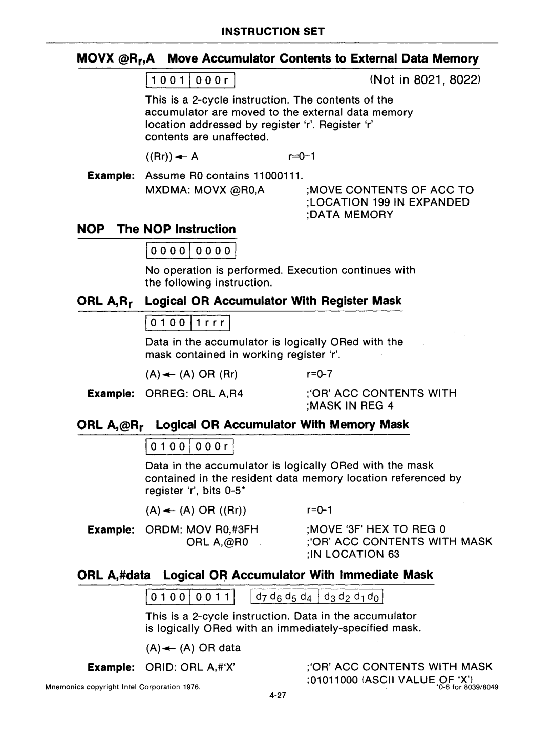 Intel mcs-48 manual NOP The NOP Instruction, ORL A,Rr Logical or Accumulator With Register Mask 