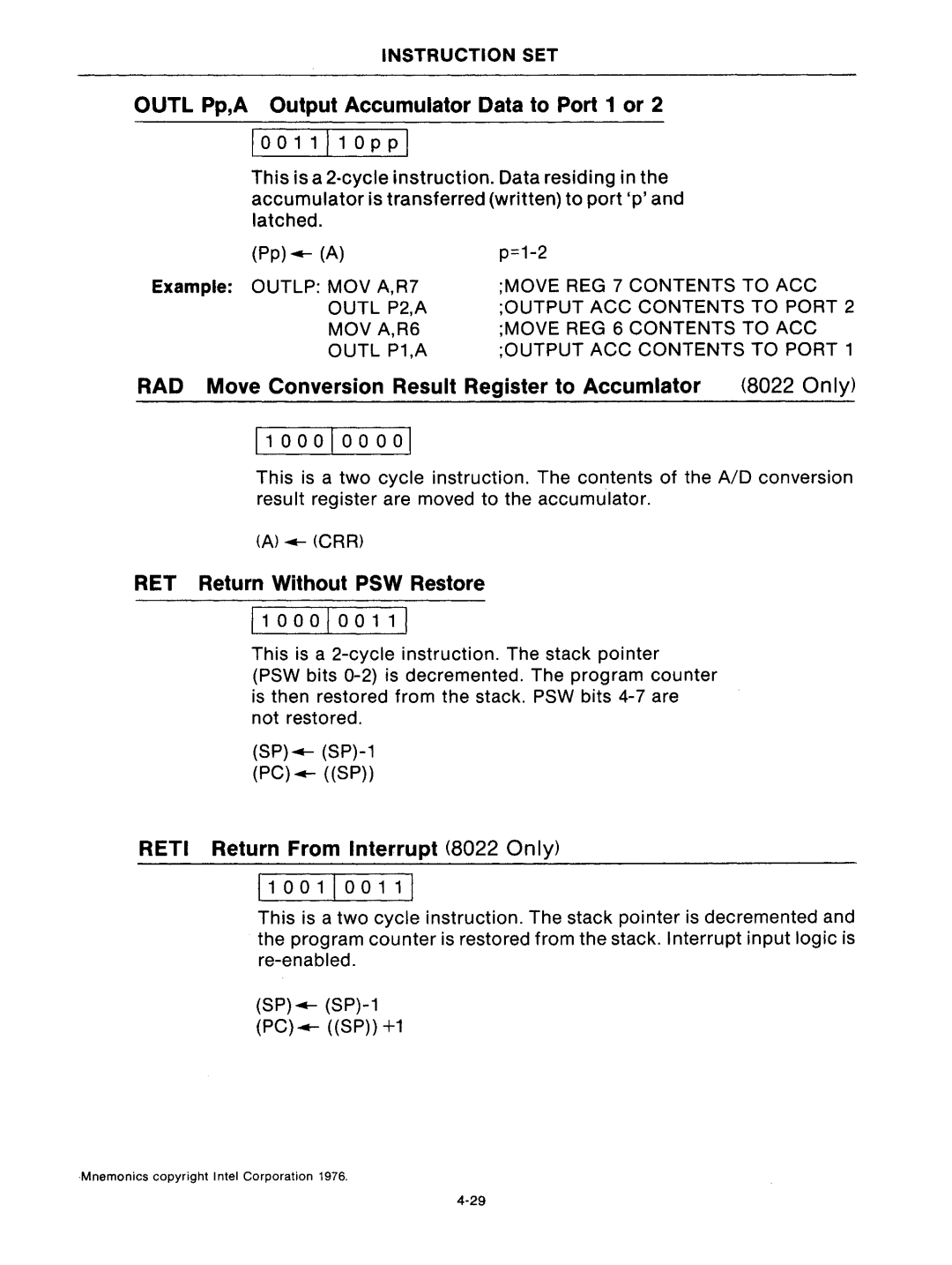 Intel mcs-48 manual Outl Pp,A Output Accumulator Data to Port 1 or 