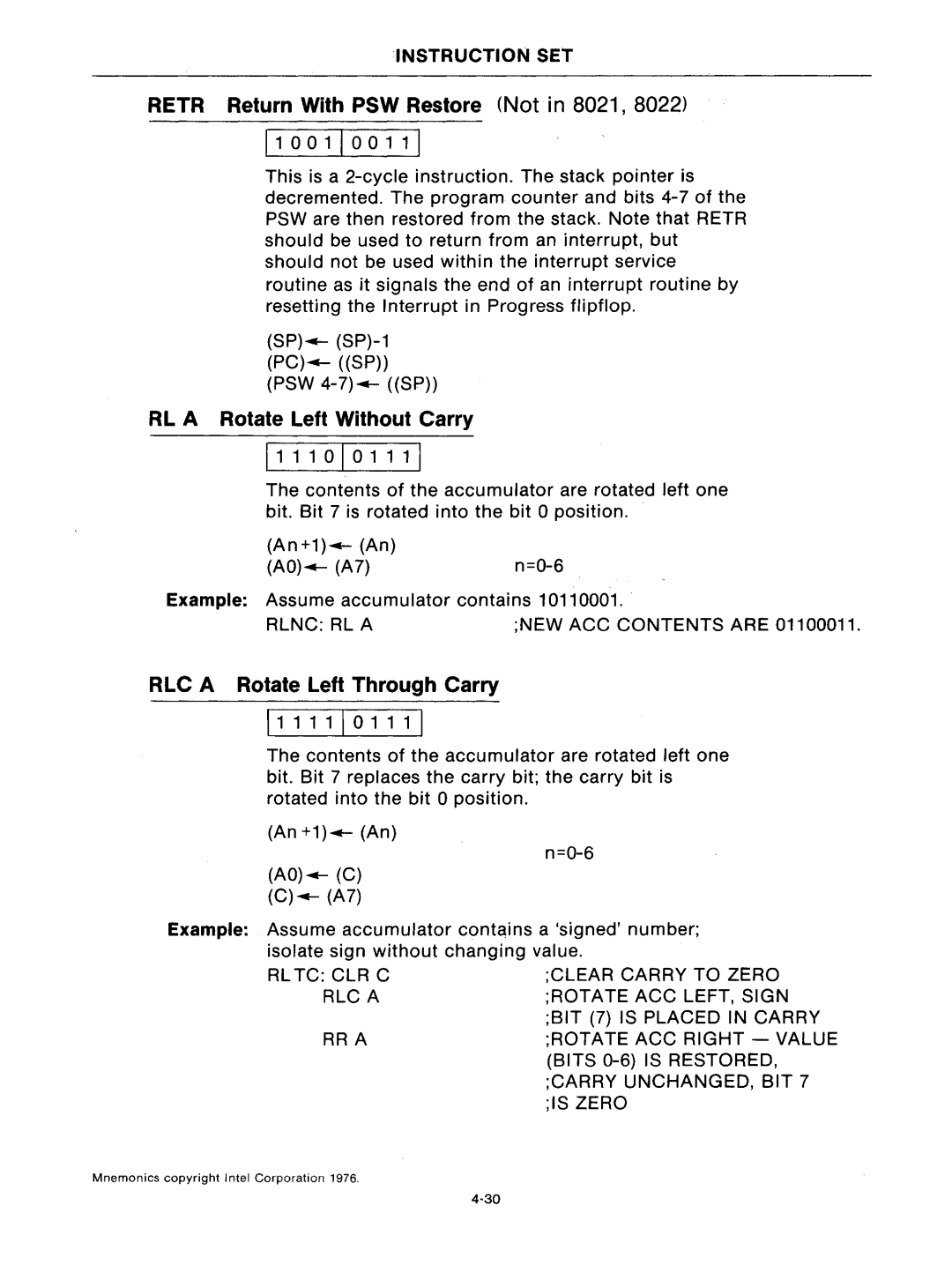 Intel mcs-48 manual Retr Return With PSW Restore Not in 8021 