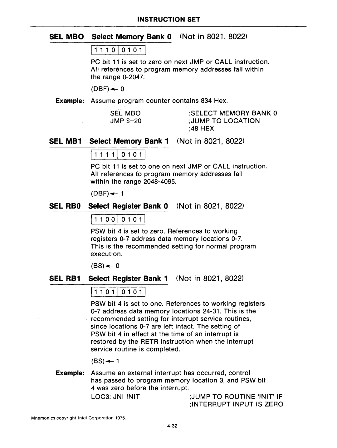 Intel mcs-48 manual SEL MBO Select Memory Bank, JMP $+20, Jump to Location, 48 HEX 