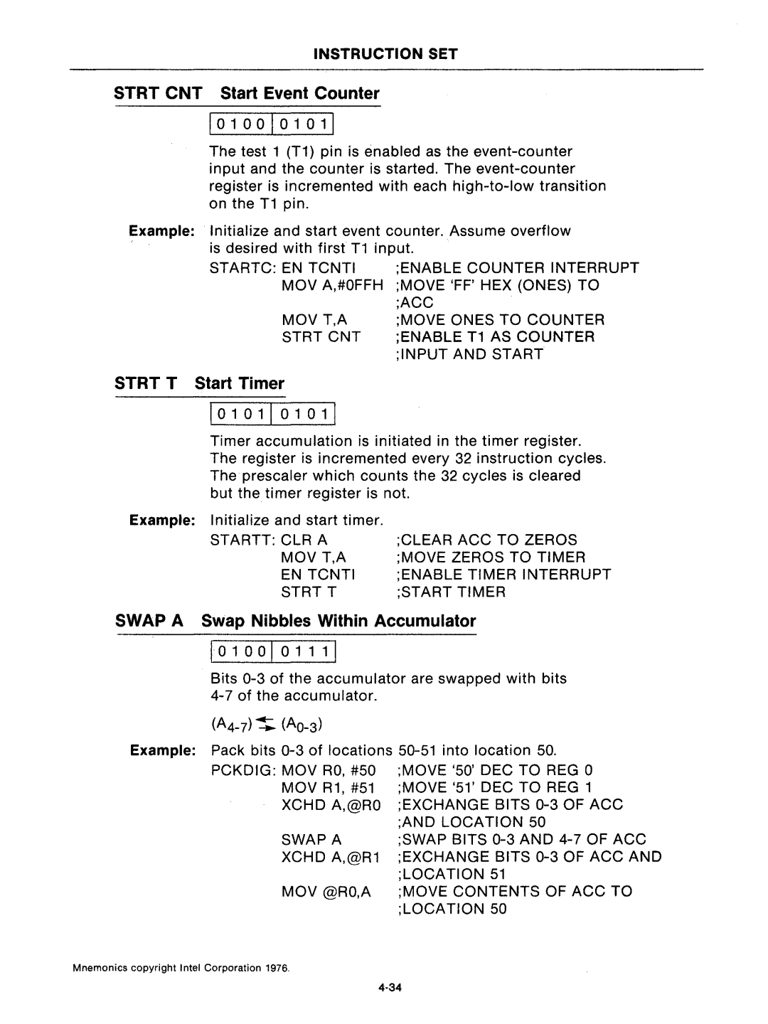 Intel mcs-48 manual Strt CNT Start Event Counter, Strt T Start Timer, Swap a Swap Nibbles Within Accumulator 