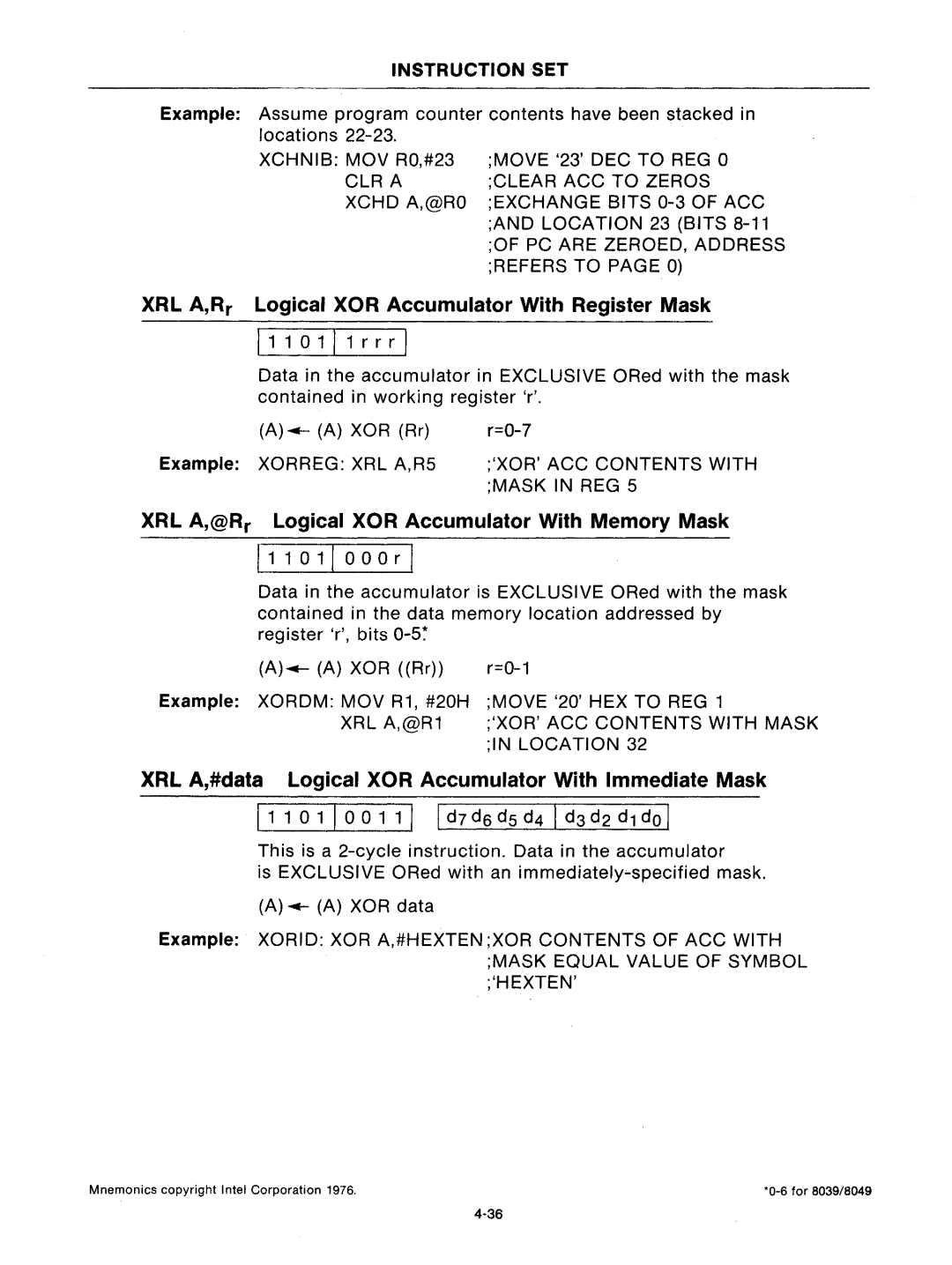 Intel mcs-48 manual XRL A,Rr Logical XOR Accumulator With Register Mask, XRL A,@Rr Logical XOR Accumulator With Memory Mask 