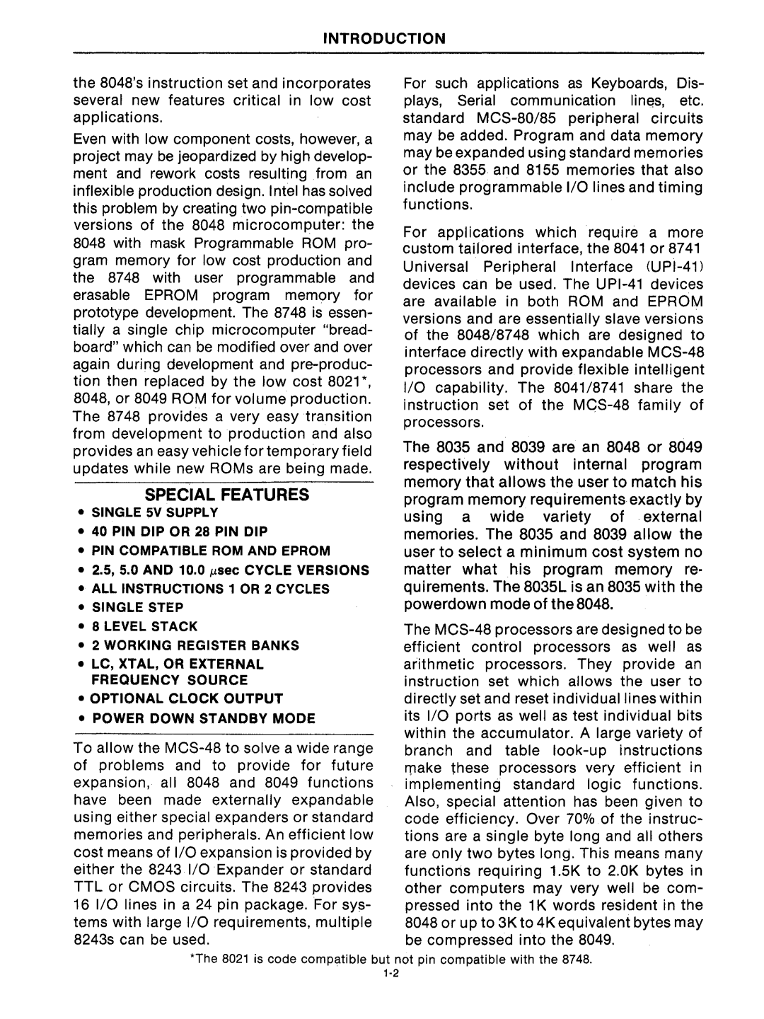 Intel mcs-48 manual Introduction, and 10.0 J,Lsec Cycle Versions, is code compatible but not pin compatible with 