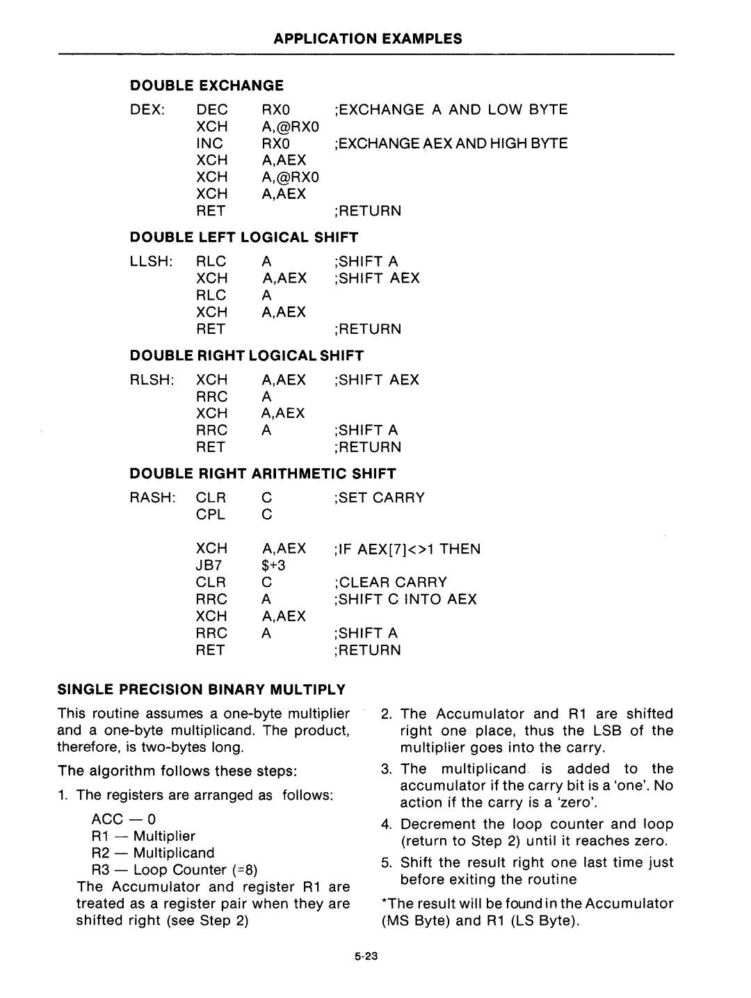 Intel mcs-48 manual Application Examples Double Exchange, Double Left Logical Shift, Double Right Logical Shift 