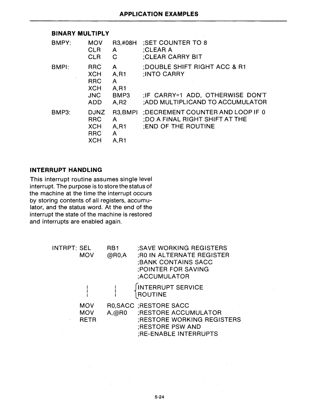 Intel mcs-48 manual Application Examples Binary Multiply, Interrupt Handling 