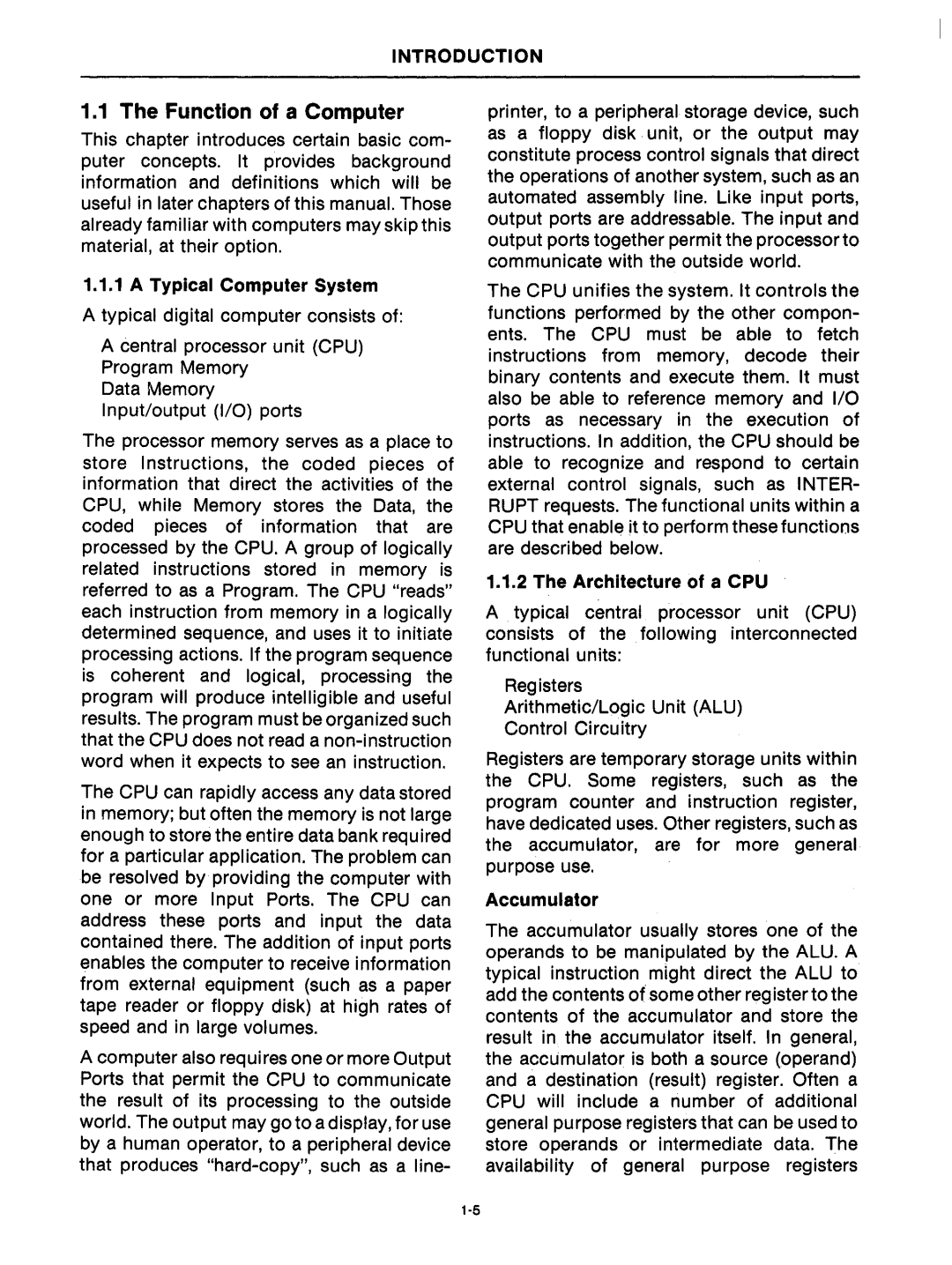 Intel mcs-48 manual Function of a Computer, Typical Computer System, Architecture of a CPU, Accumulator 