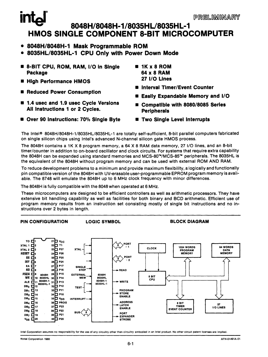 Intel mcs-48 manual Hmos Single Component 8-BIT Microcomputer, Iih!T 