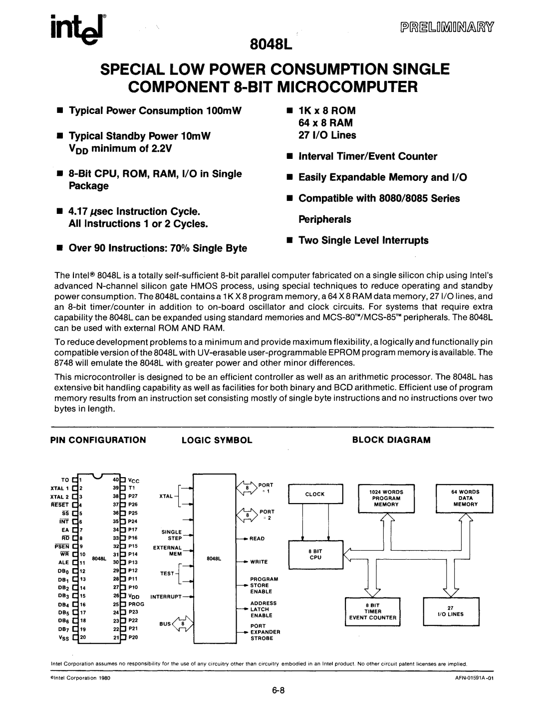 Intel mcs-48 manual PIN Configuration Logic Symbol Block Diagram, Rll 