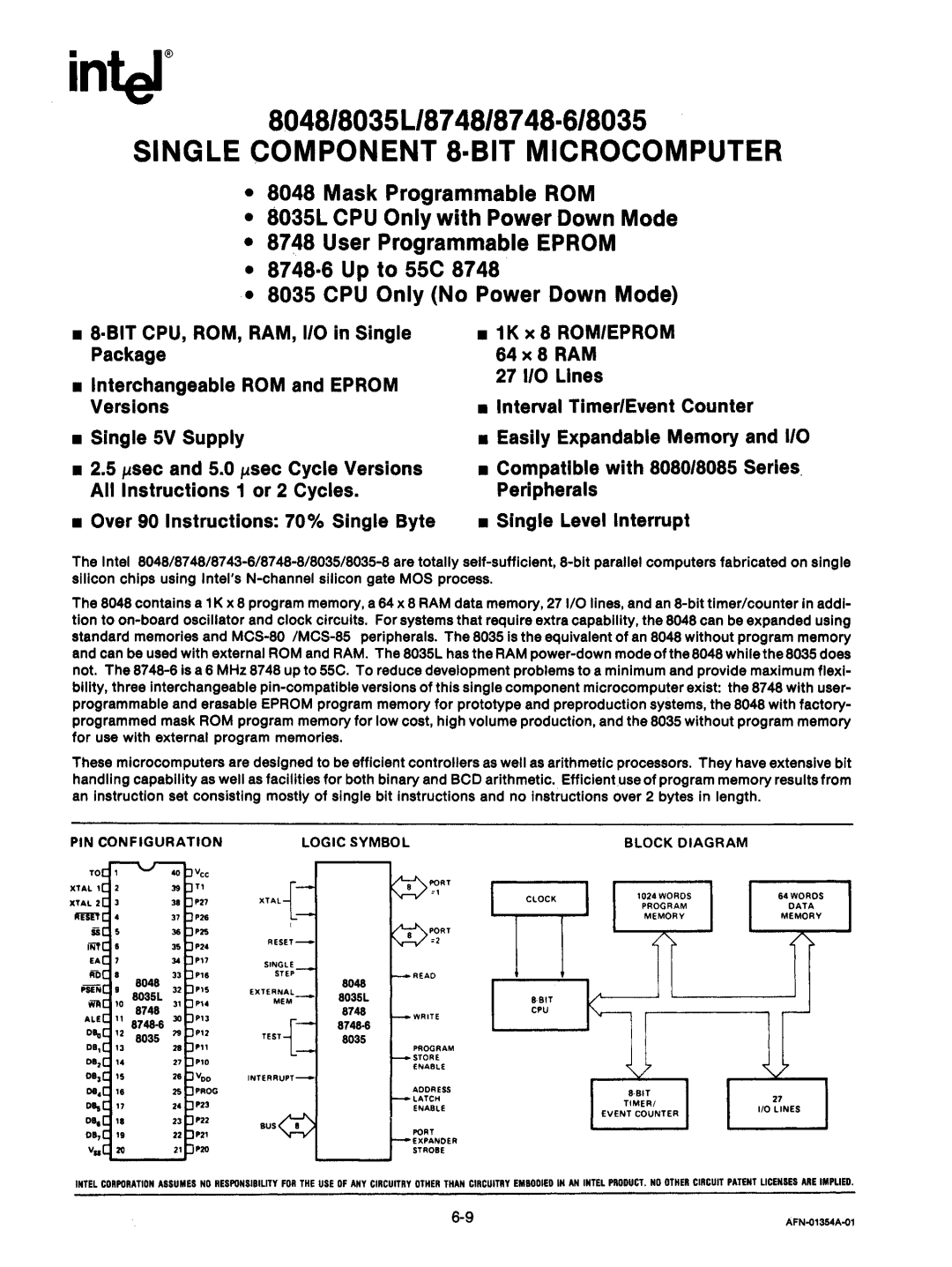 Intel mcs-48 manual PIN Configuration Logic Symbol, Block Diagram 