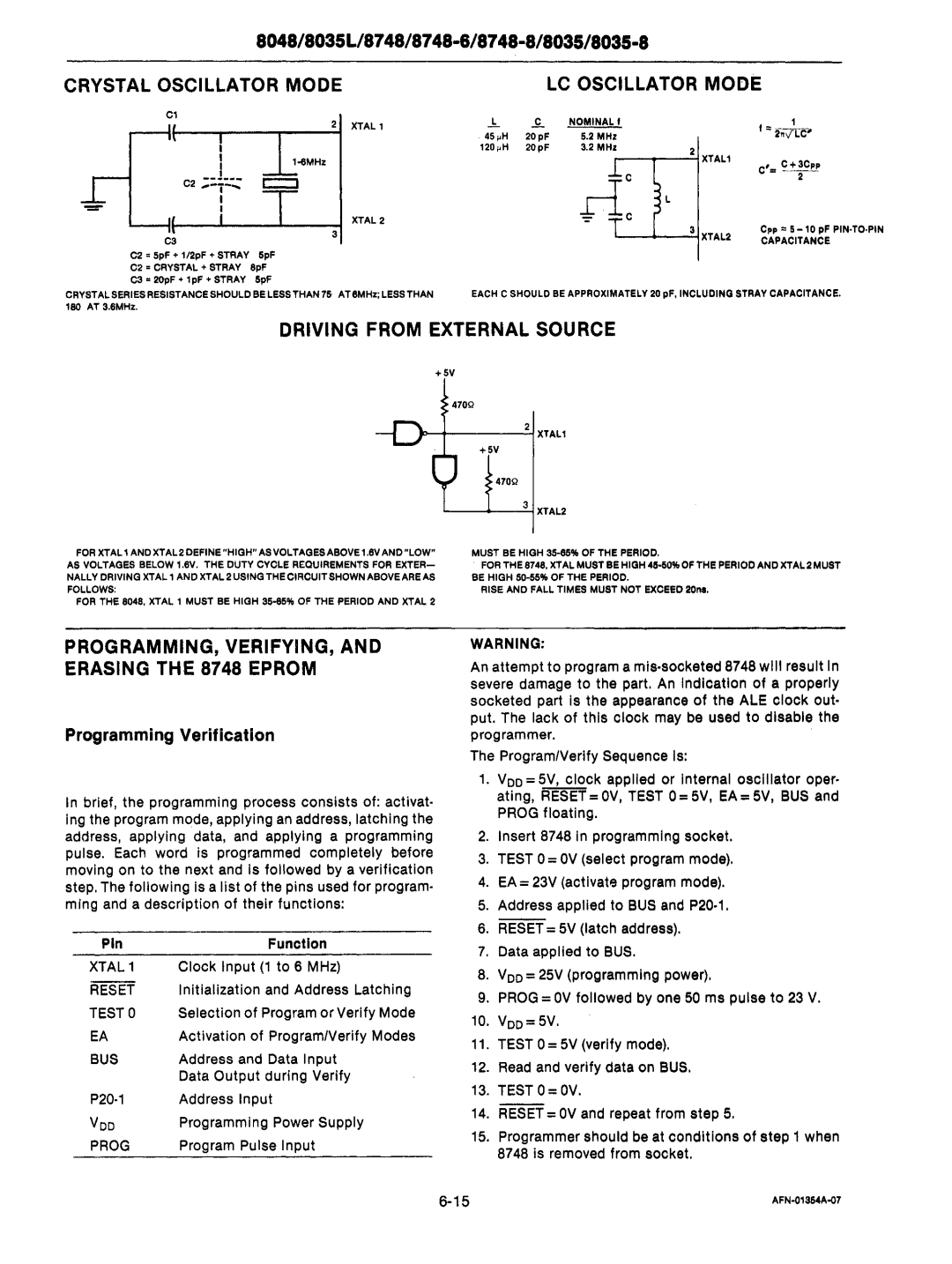 Intel mcs-48 manual Crystal Oscillator Mode, LC Oscillator Mode, Driving from External Source 