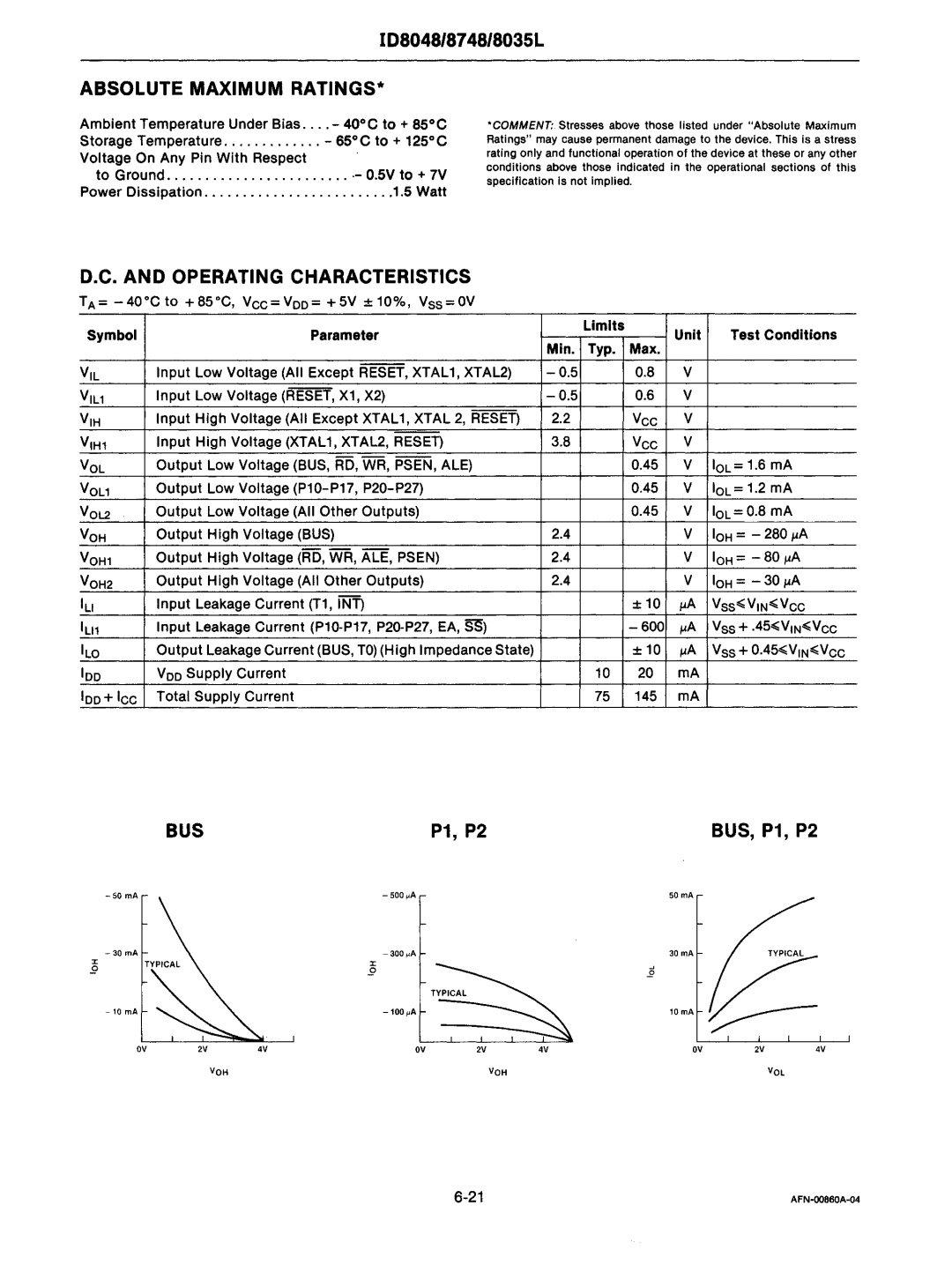 Intel mcs-48 manual IDS0481S7481S035L, Absolute Maximum RATINGS·, Operating Characteristics, BUSP1, P2BUS, P1, P2 