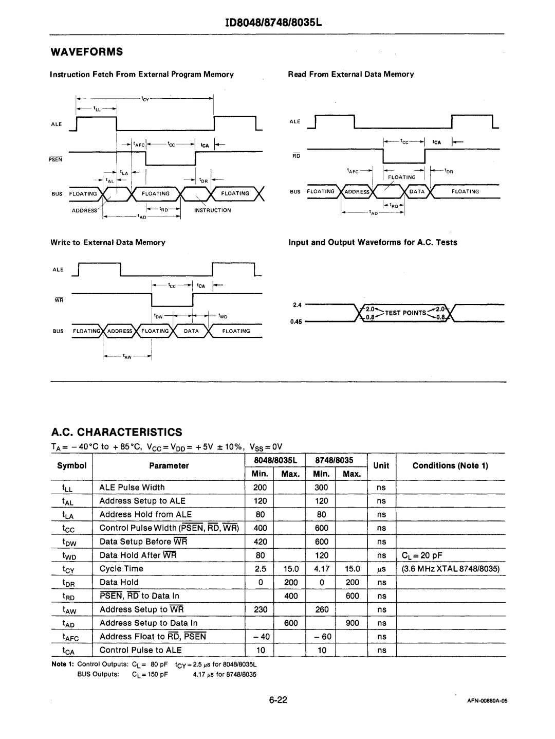 Intel mcs-48 manual TOR Data Hold, PSEN, RD to Data, TAW Address Setup to WR, TAD Address Setup to Data 