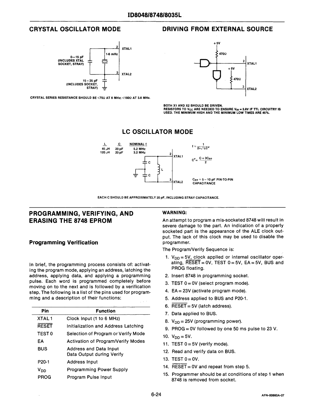 Intel mcs-48 manual Crystal Oscillator Mode Driving from External Source, +-----t XTALl, Reset, Program Pulse Input 