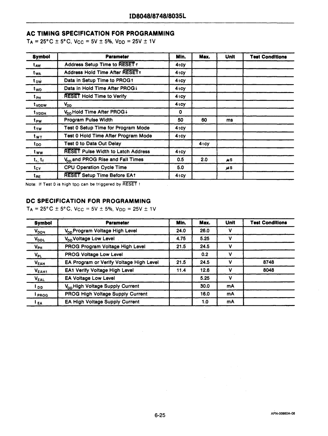 Intel mcs-48 manual TA =25C ± 5C, Vee =5V ± 5%, Vee =25V ±, TA = 25C ± 5C, Vee = 5V ± 5%, Vee = 25V ± 