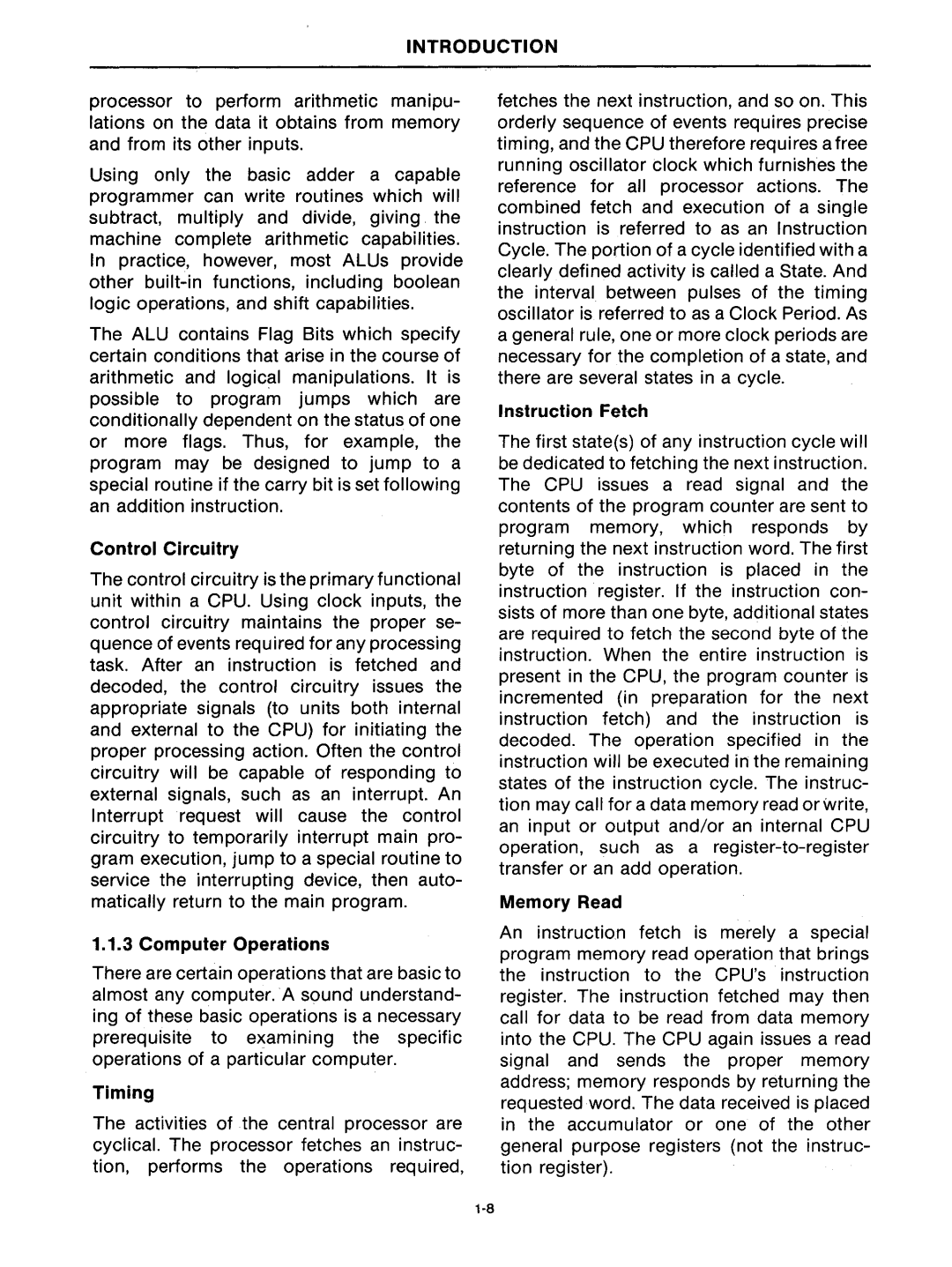 Intel mcs-48 manual Control Circuitry, Computer Operations, Timing, Instruction Fetch, Memory Read 