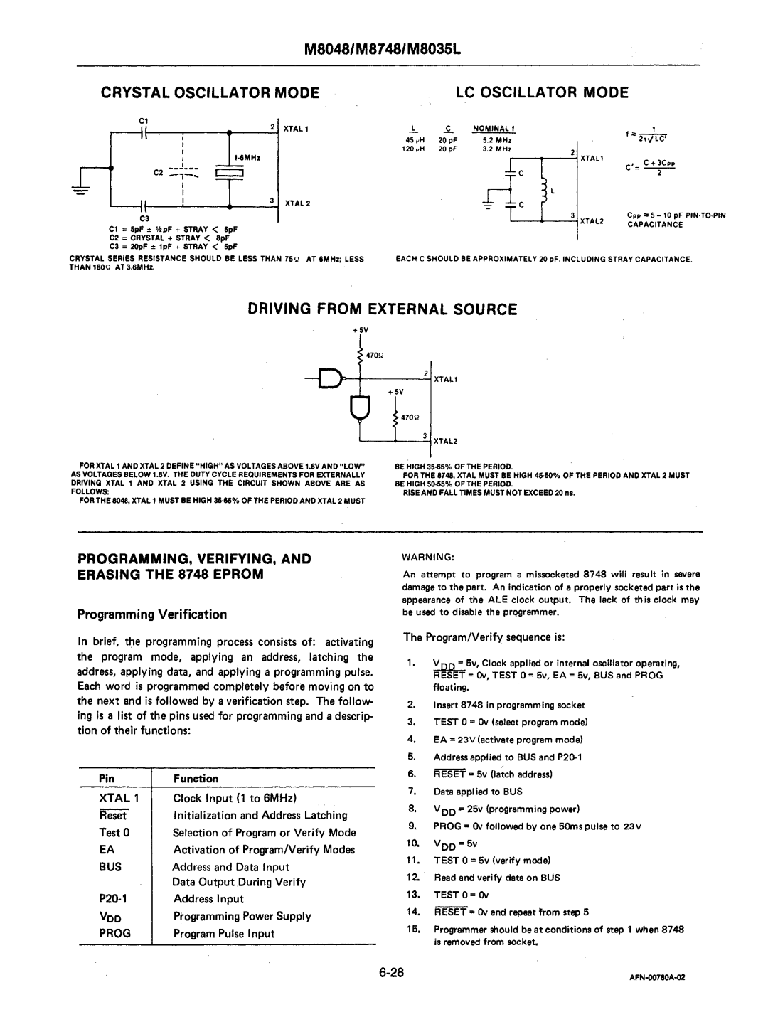 Intel mcs-48 manual Voo, Lcoscillator Mode, Programming Verification 