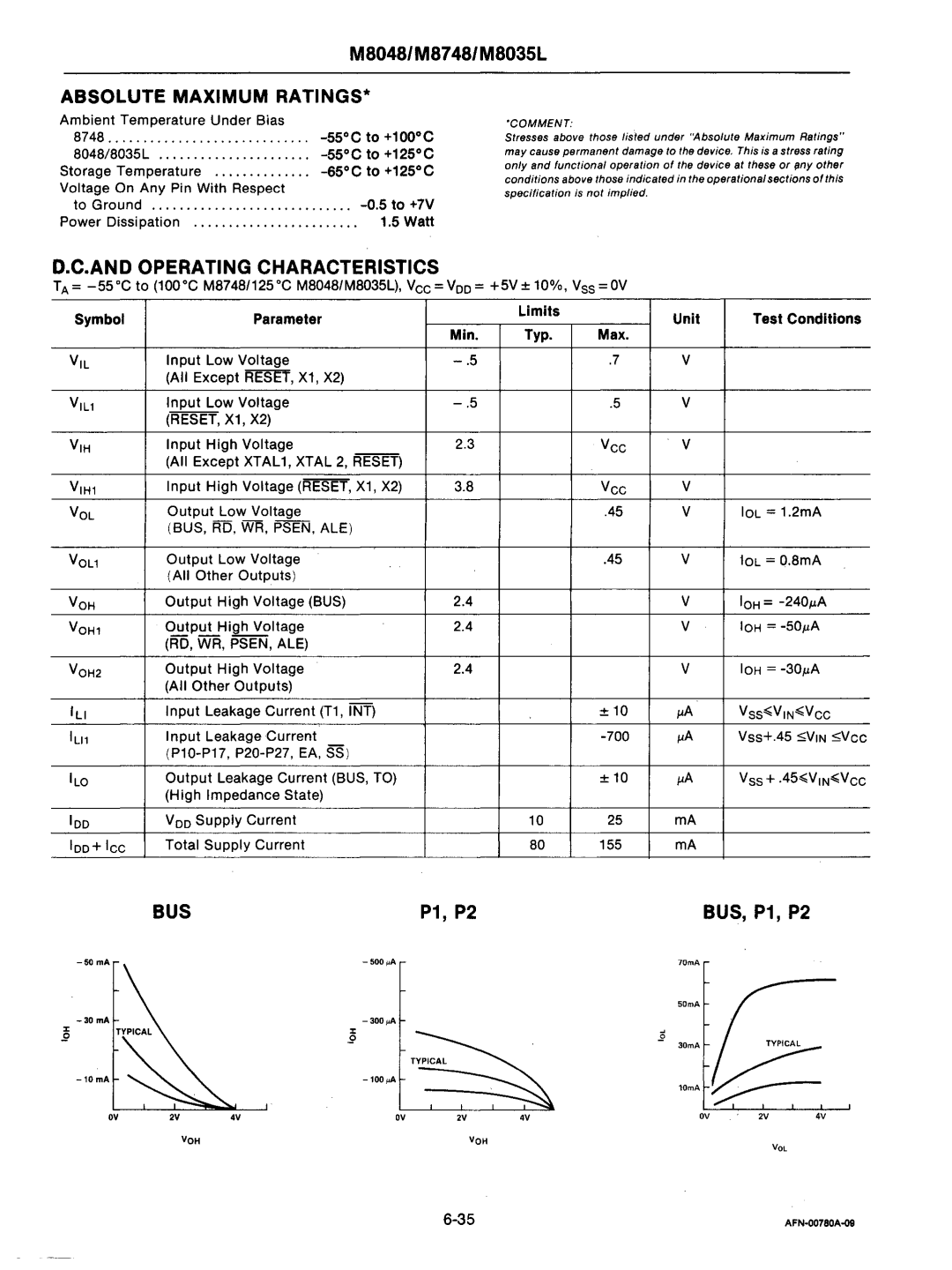 Intel mcs-48 manual AN D Operati NG Characteristics, BUS, P1, P2 