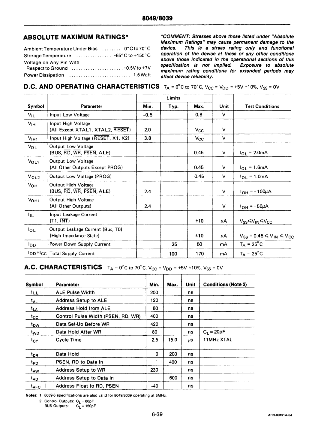 Intel mcs-48 manual Operating Characteristics, Symbol Parameter Min Max Unit 