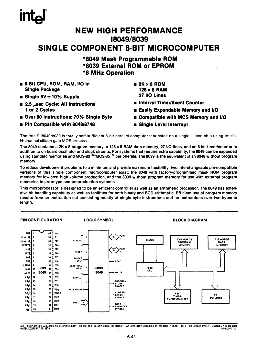 Intel mcs-48 manual 18049/8039, Mask Programmable ROM External ROM or Eprom MHz Operation 