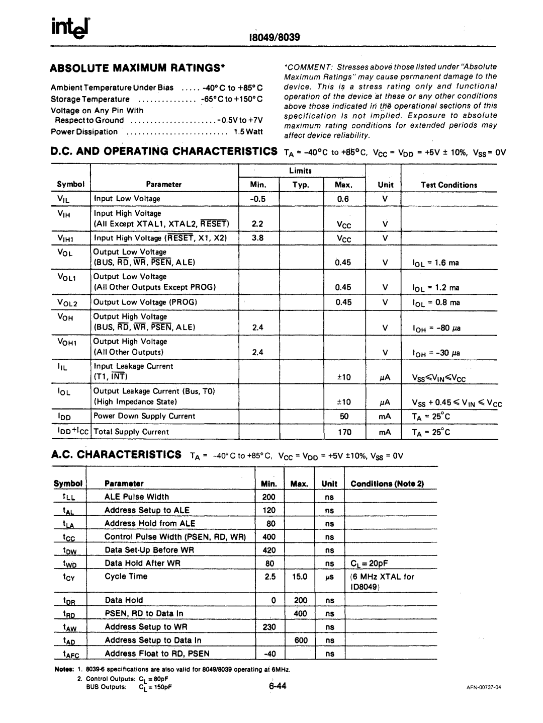 Intel mcs-48 manual VIH1, Bus, Rd, Wr, Psen, Ale, VOL2, BUS, RD, WR, PSEN, ALE VOH1, Ill 