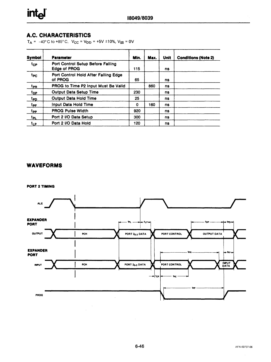 Intel mcs-48 manual TA = -400C to +850 C, Vee = Voo = +5V ±10%, Vss = OV, Unit Conditions Note, Output Data Setup Time 230 