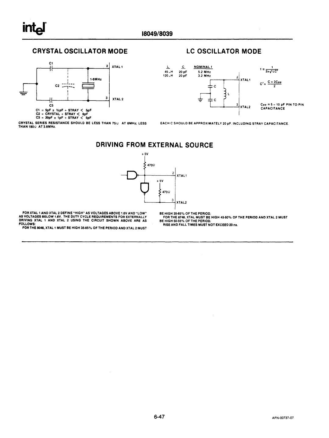 Intel mcs-48 manual Crystal Oscillator Mode LC Oscillator Mode, XT AL1 