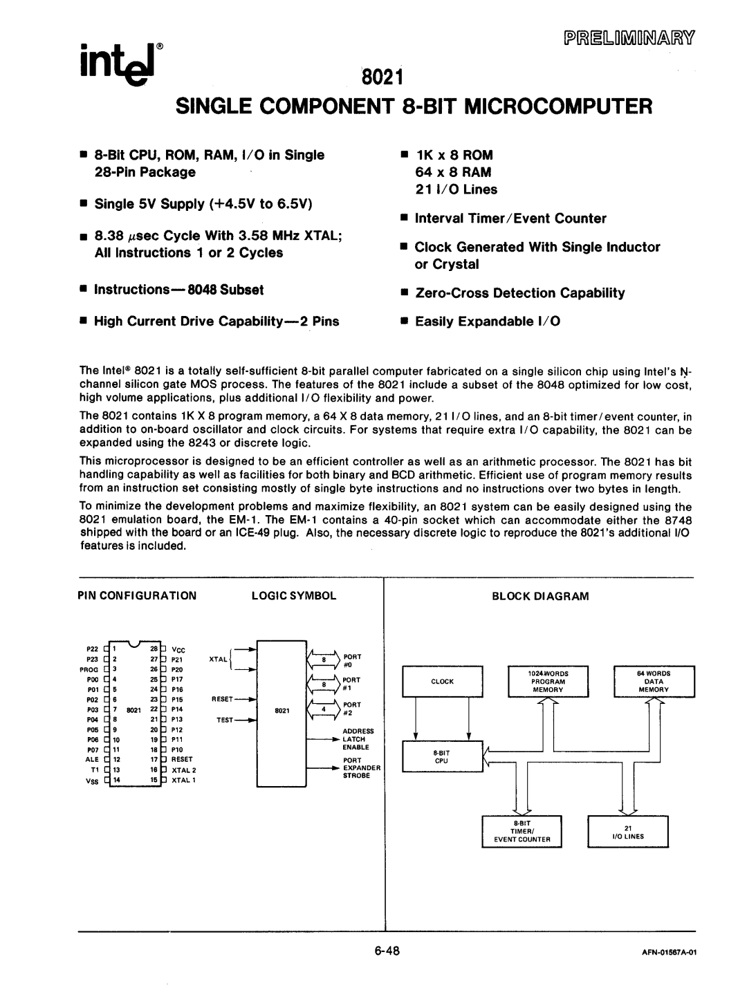 Intel mcs-48 manual 8021, PIN Configuration Logic Symbol Block Diagram 