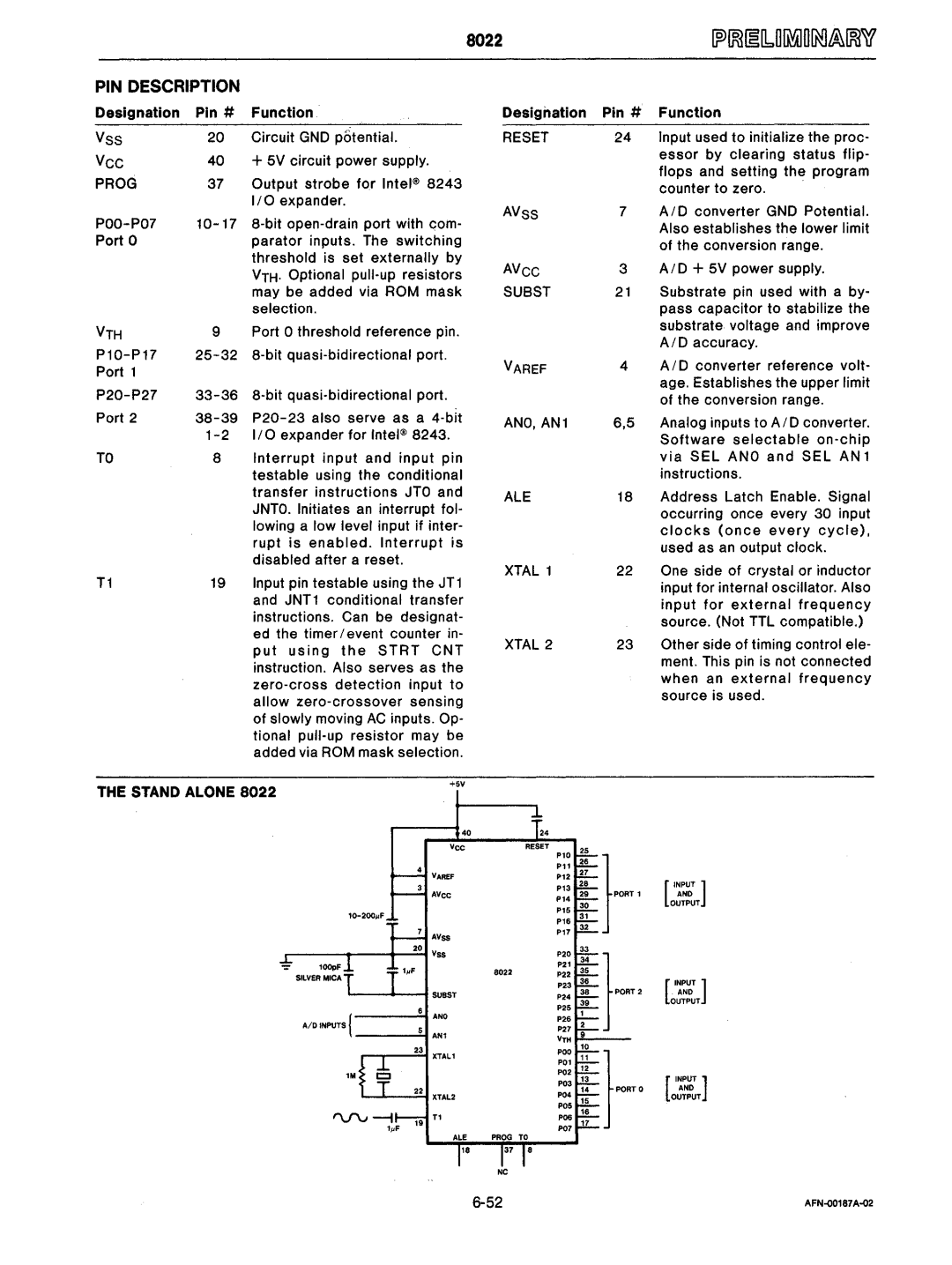 Intel mcs-48 manual Prog POO-P07, Vth, Reset Avss, Varef ANO,AN1 ALE Xtal, Stand Alone 