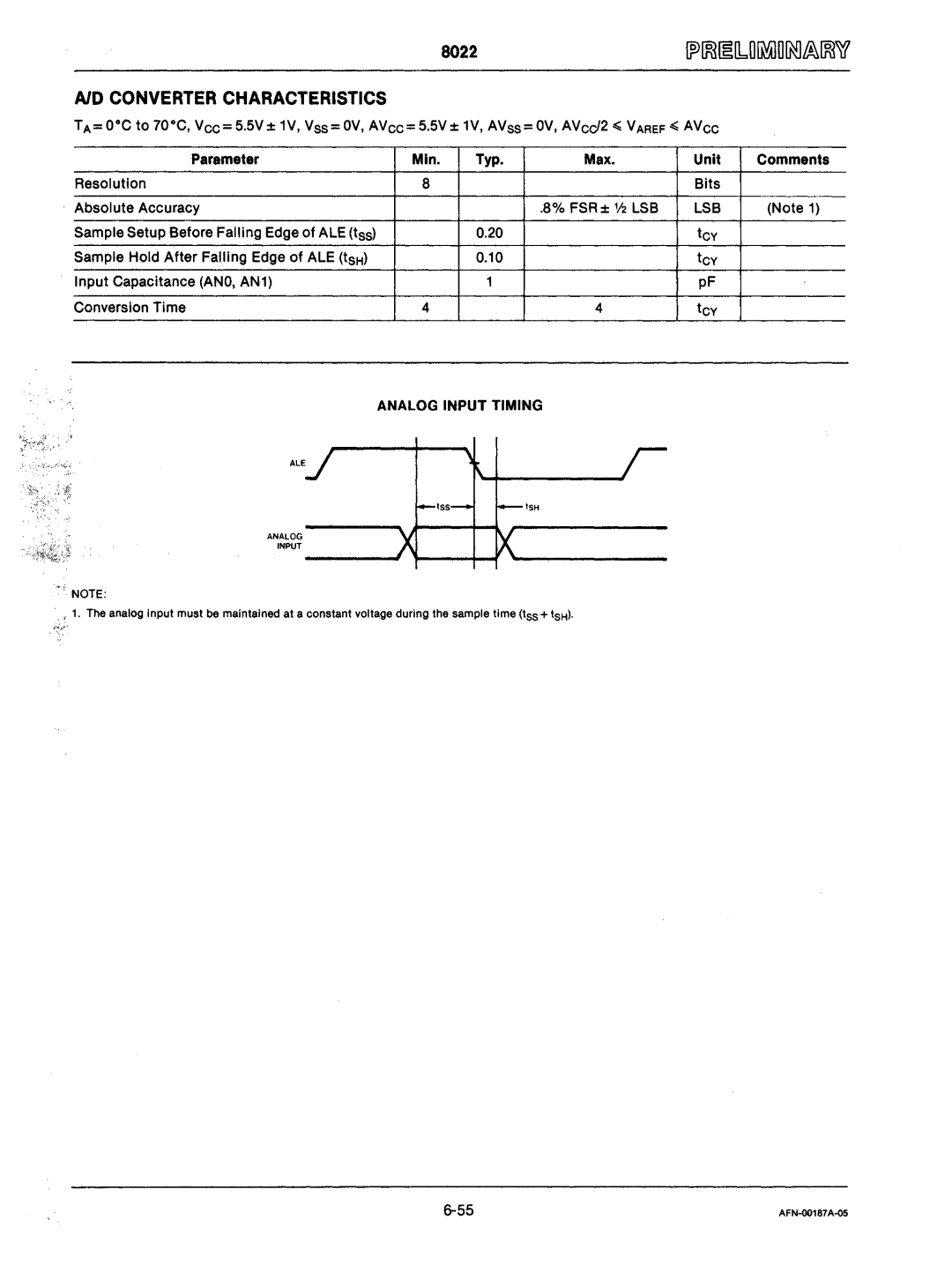 Intel mcs-48 manual AID Converter Characteristics, Analog Input Timing 