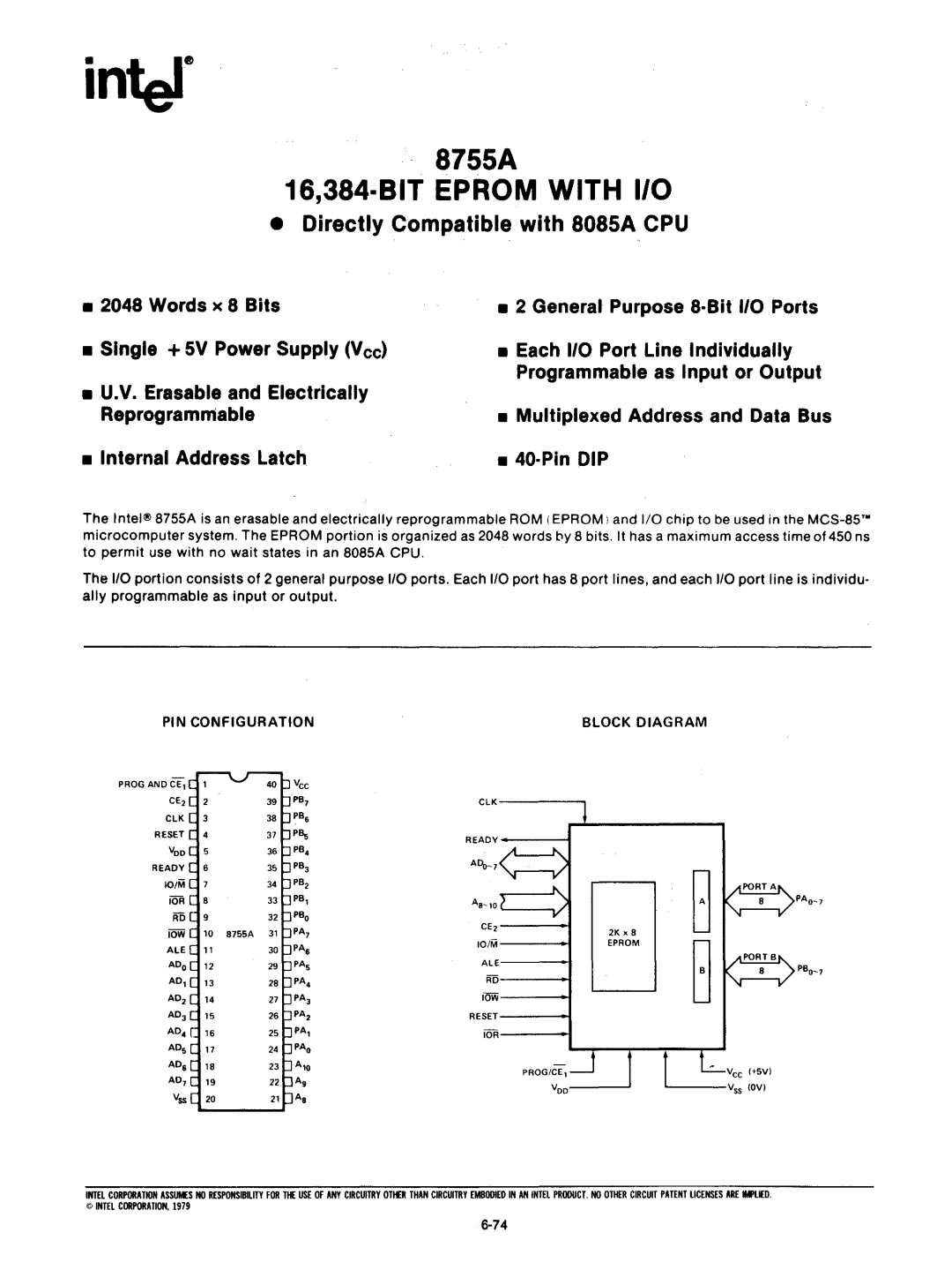 Intel mcs-48 manual Directly Compatible with SOS5A CPU, PIN Configuration Block Diagram 