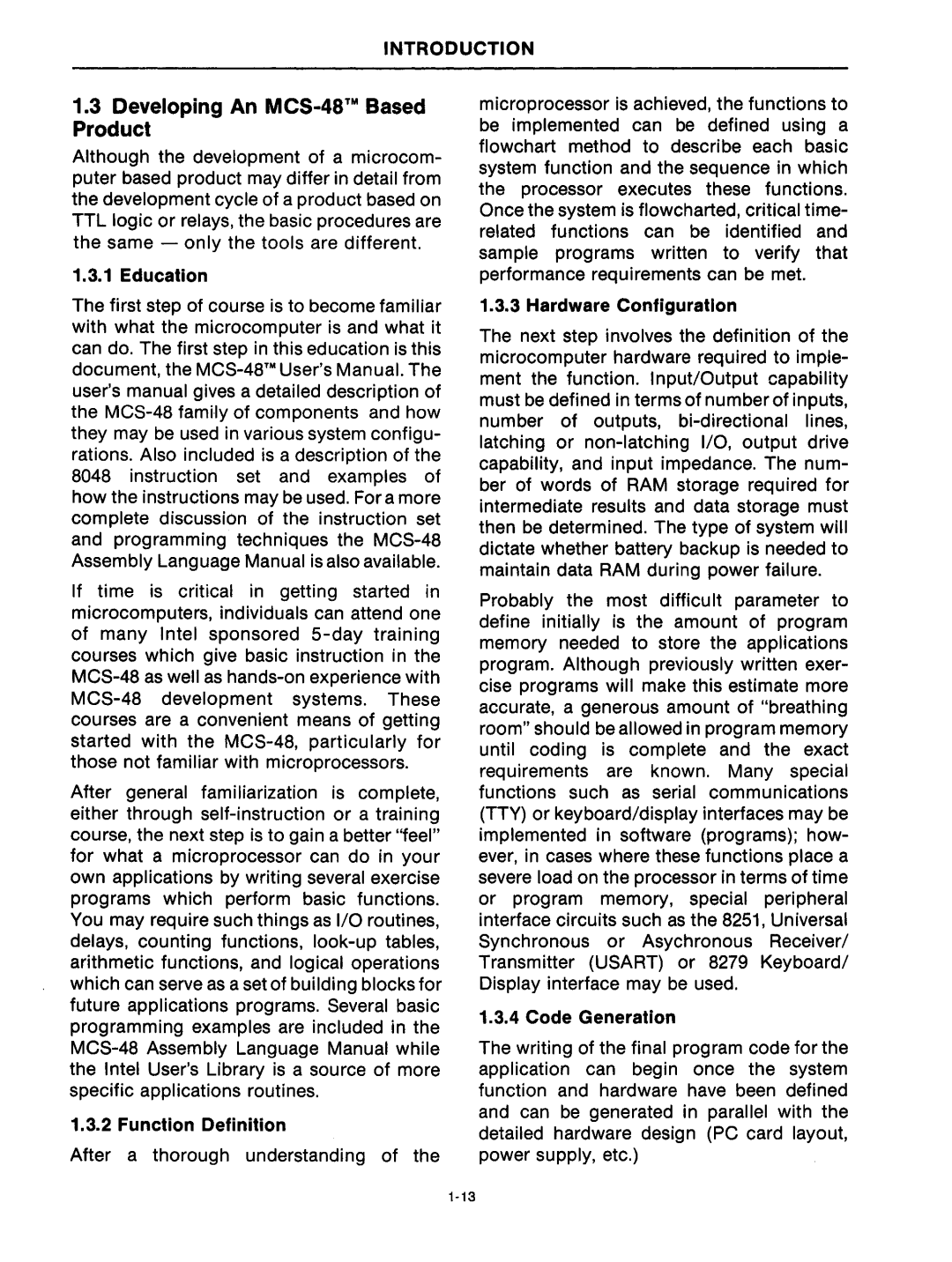 Intel mcs-48 Developing An MCS-48 Based Product, Education, Function Definition, Hardware Configuration, Code Generation 