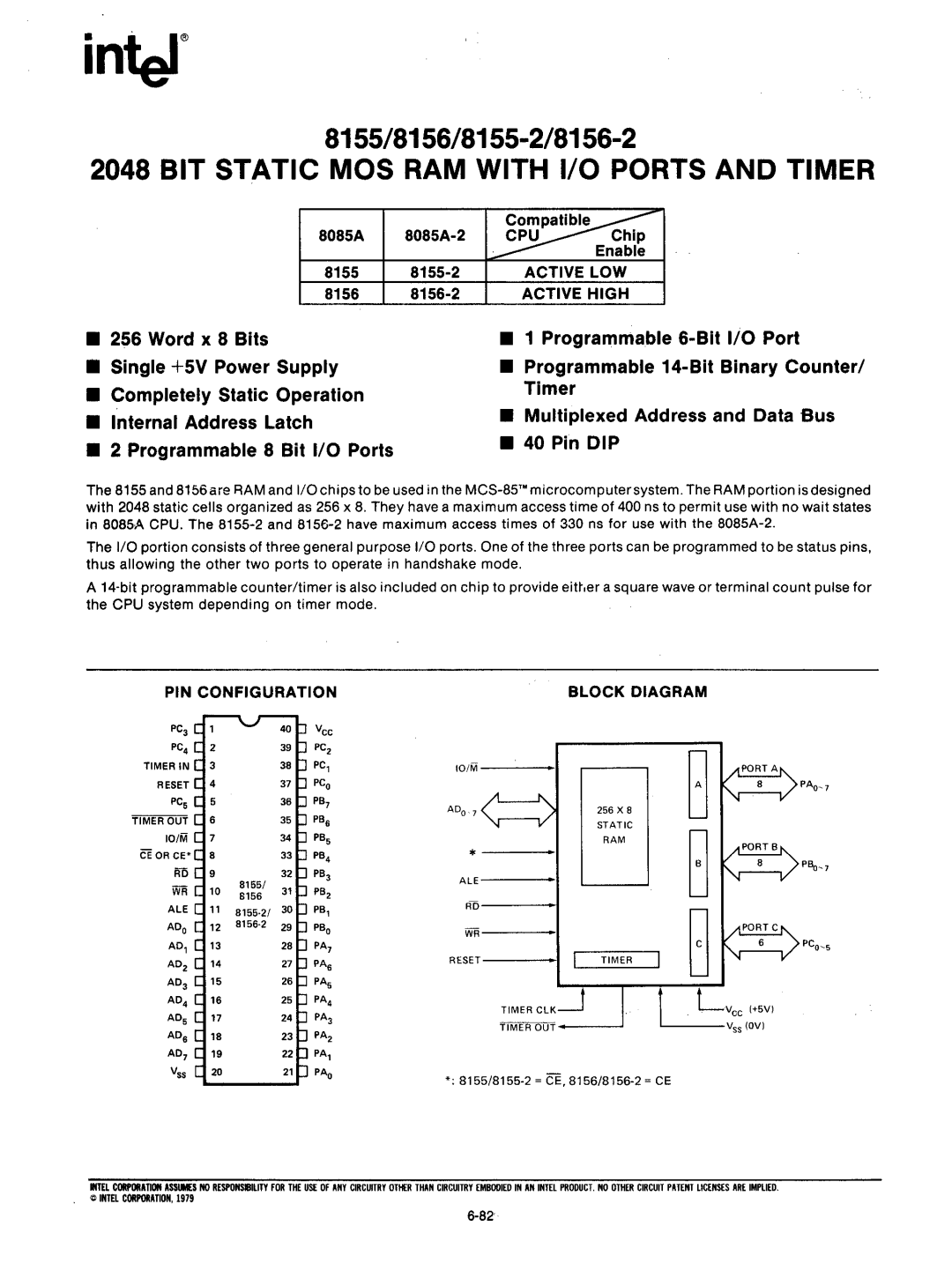 Intel mcs-48 manual Enable, 8085A 8085A-2, 8155-2, 8156-2 