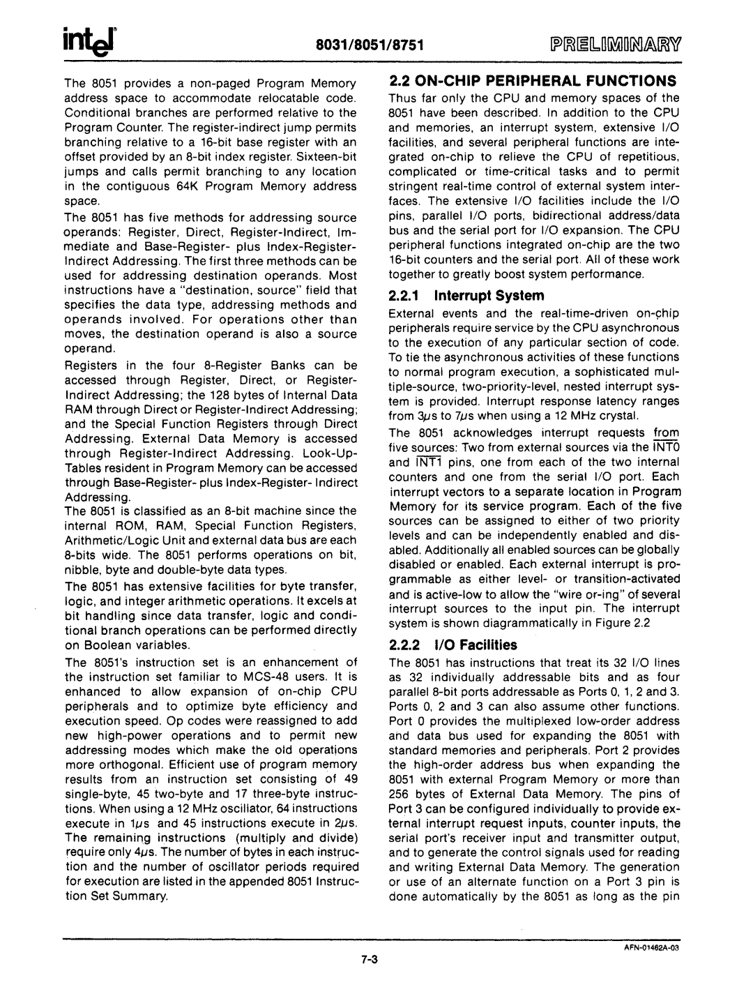 Intel mcs-48 manual ON-CHIP Peripheral Functions, 1Interrupt System, 21/0 Facilities 