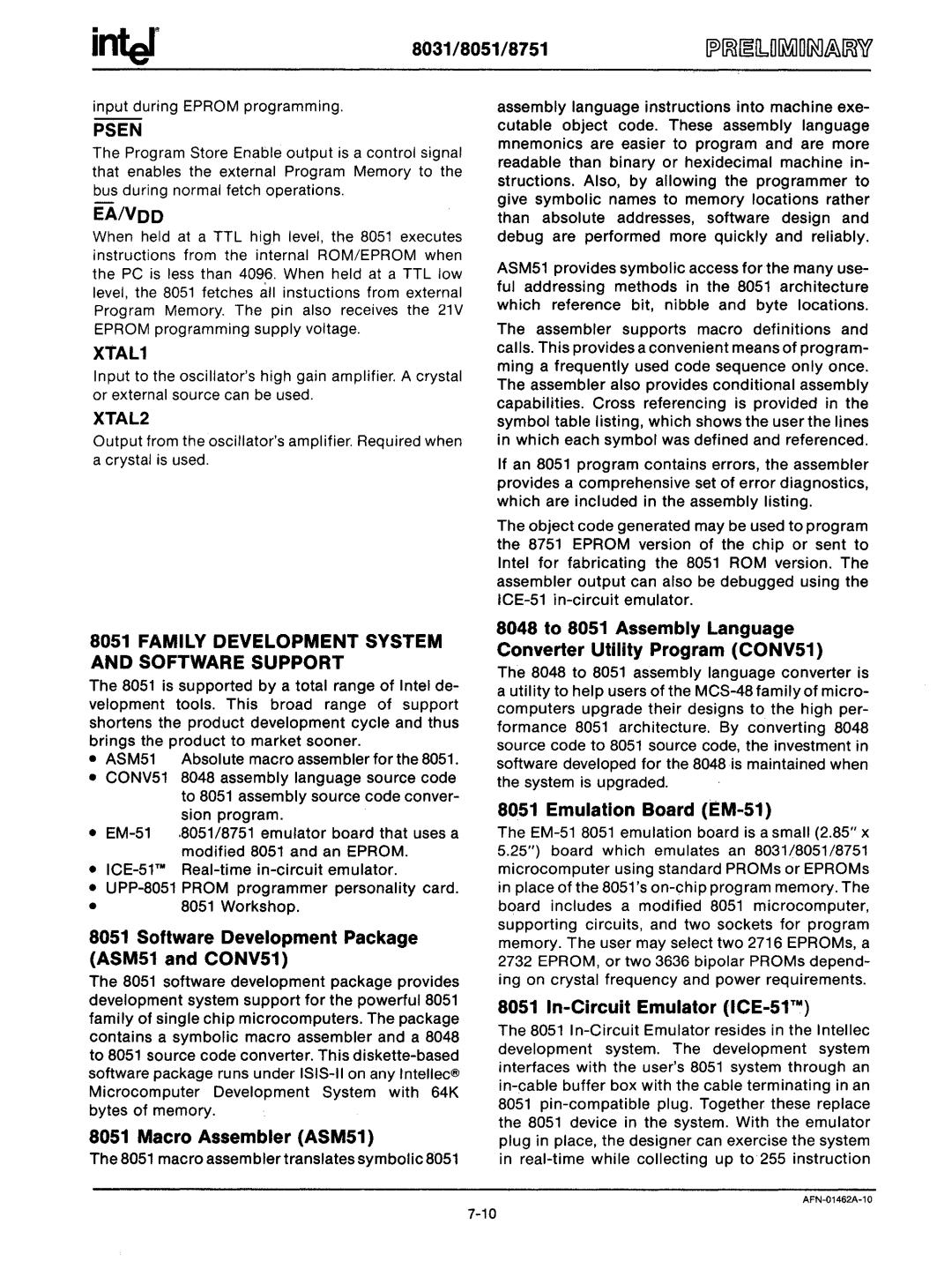 Intel mcs-48 manual Psen, XTAL1, XTAL2, Family Development System and Software Support 