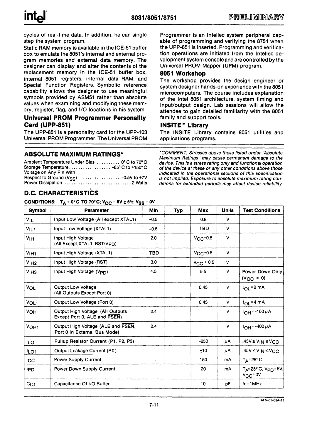 Intel mcs-48 manual Universal Prom Programmer Personality Card UPP-851, Workshop, Insite Library, Test Conditions 