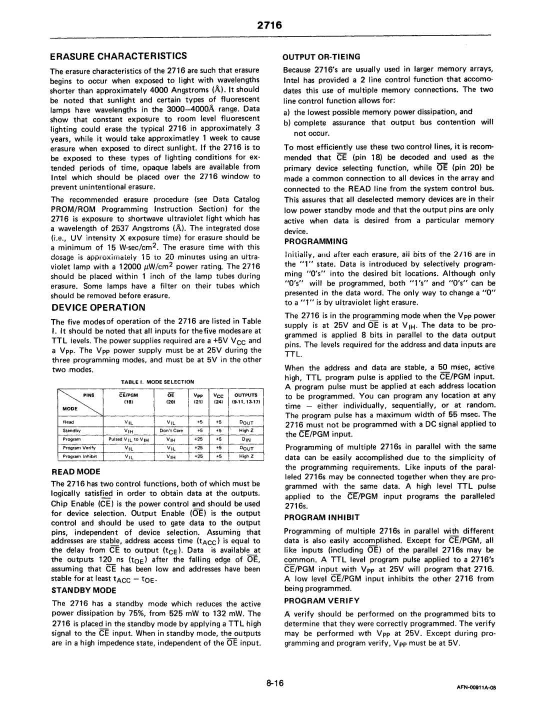 Intel mcs-48 manual 2716, Device Operation 