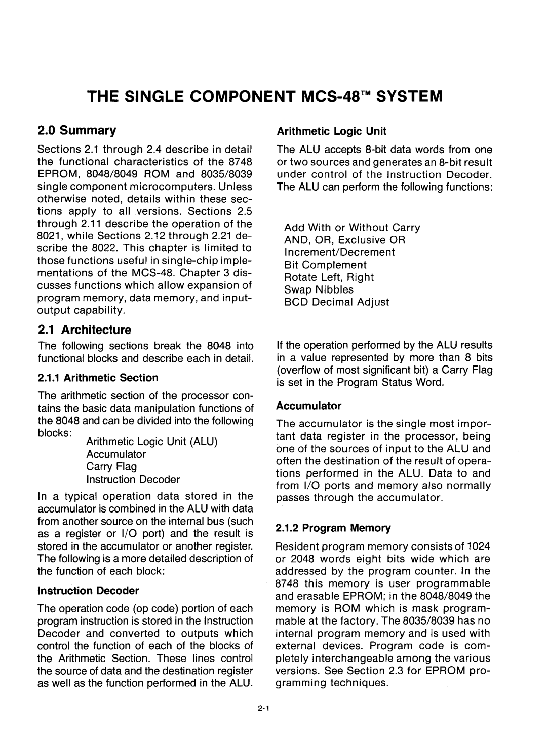 Intel mcs-48 manual Summary, Architecture, Arithmetic Section 