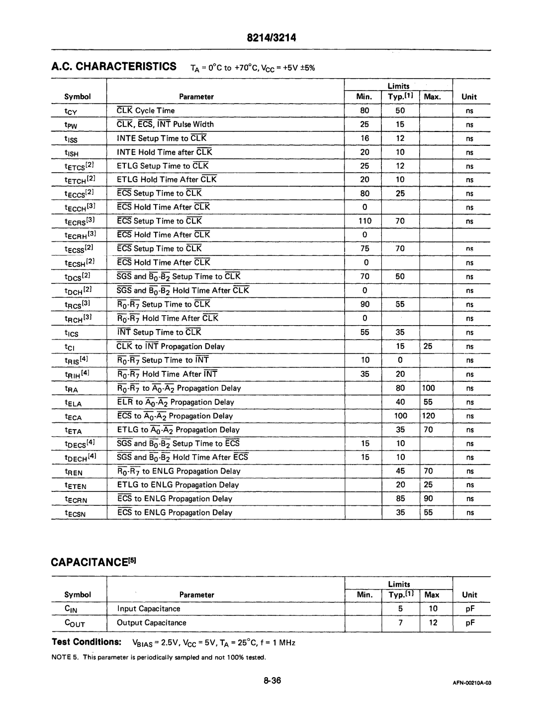 Intel mcs-48 manual 8214/3214, Capacitances 